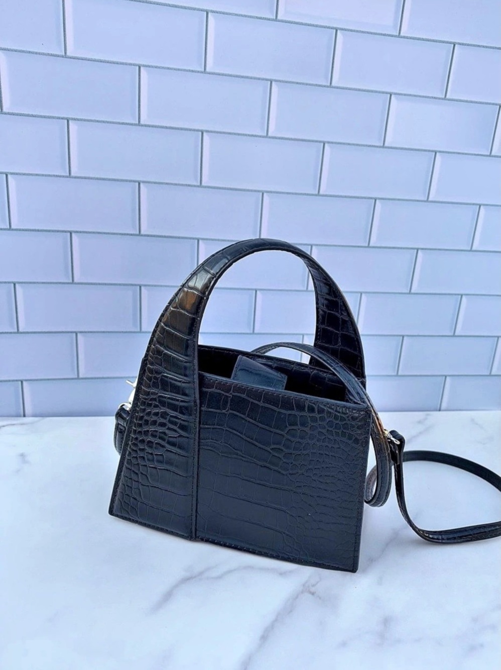 Maeve Faux-Leather Croc Structured Bag Black Shoulder Bag